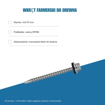 Wkręty farmerskie do blachy 4,8x70 mm do drewna – ocynk, 100 szt.